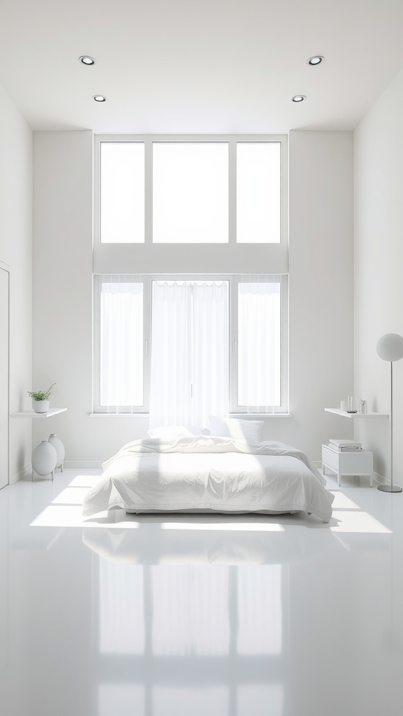 A minimal white bedroom filled with natural light, featuring large windows and a simple design.