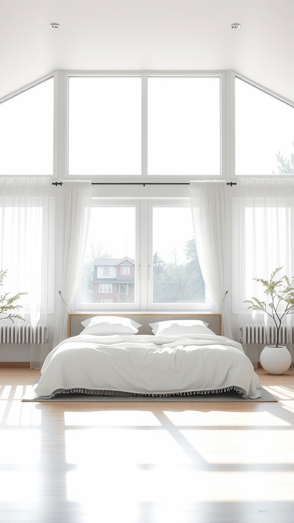 A bright minimalist bedroom with large windows, sheer curtains, and a simple bed.