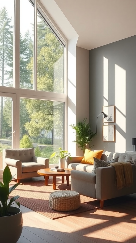 Bright and cozy living room with large windows and natural light