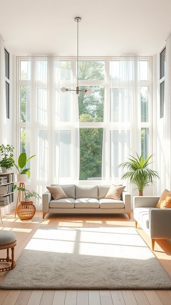 Bright living room with large windows, light curtains, and green plants creating a clean aesthetic