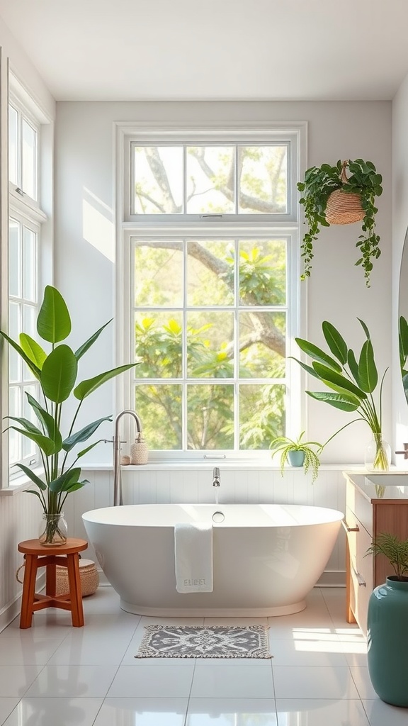 A bright bathroom with large windows, a freestanding tub, and potted plants