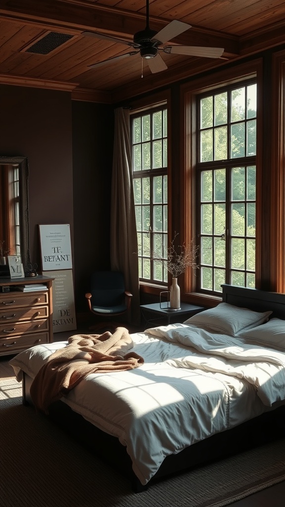 A cozy bedroom with dark walls and large windows, showcasing natural light and warm textures.