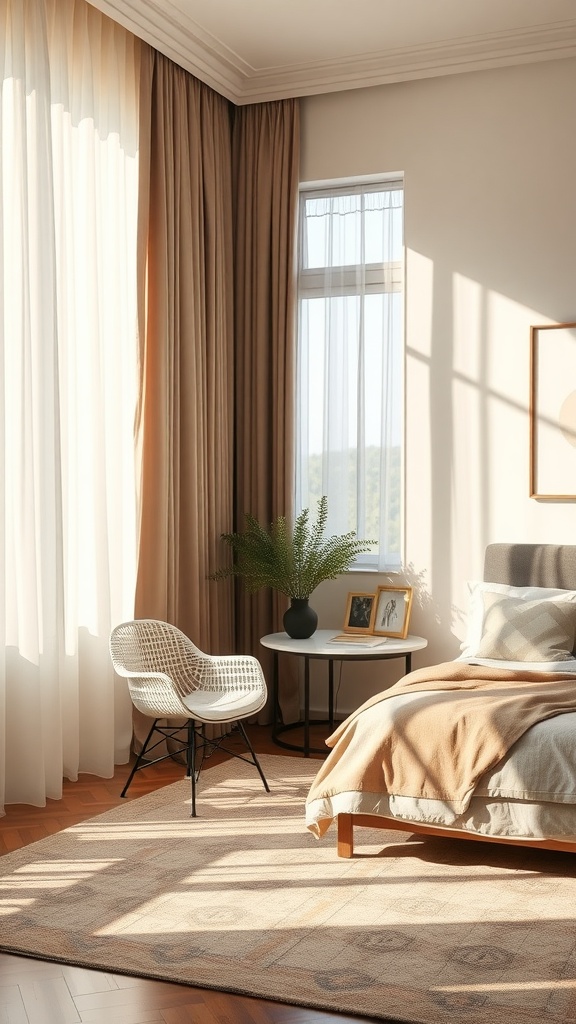 Bright beige and black bedroom with natural light, featuring a bed, chair, and decorative elements.
