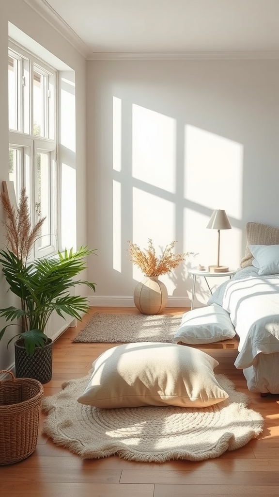 A bright bedroom with beige and grey decor, featuring large windows, a cozy rug, and plants.