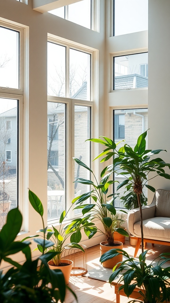 A bright living room with large windows, featuring various houseplants in pots near the window.