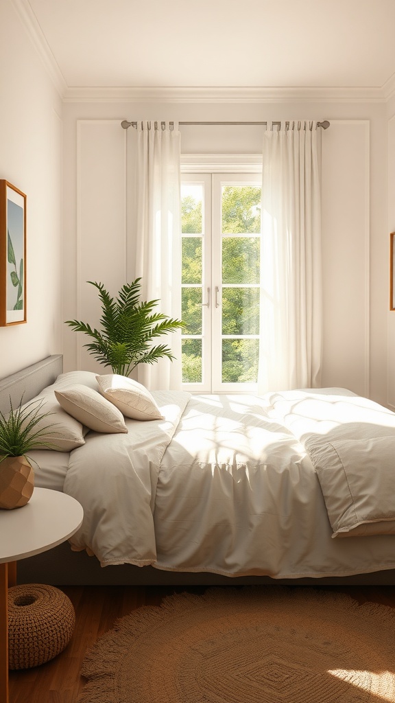 Bright bedroom with white and beige decor, large windows, and a potted plant.