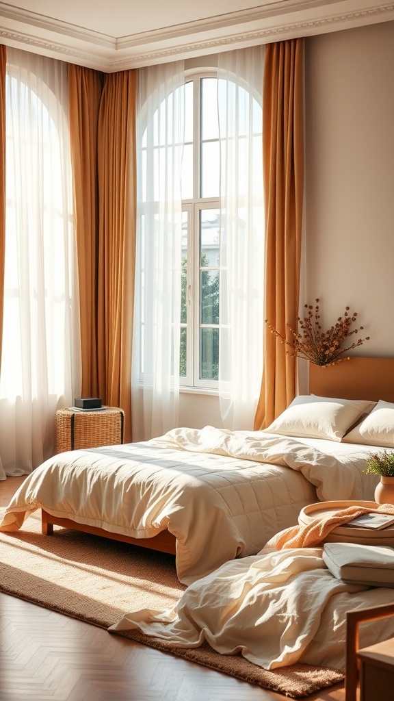 A well-lit bedroom featuring beige and brown tones with large windows and soft curtains.