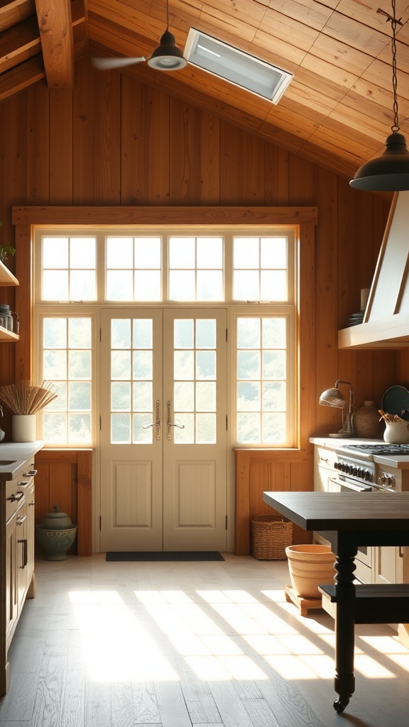 A cozy farmhouse kitchen with large windows allowing natural light to fill the space.