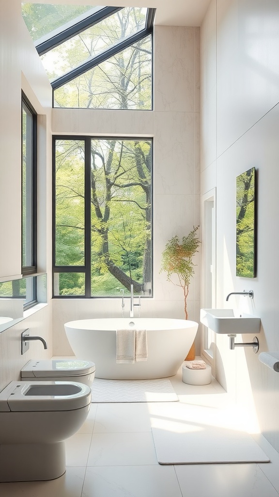 A modern bathroom with large windows and skylights, showcasing natural light and greenery outside.
