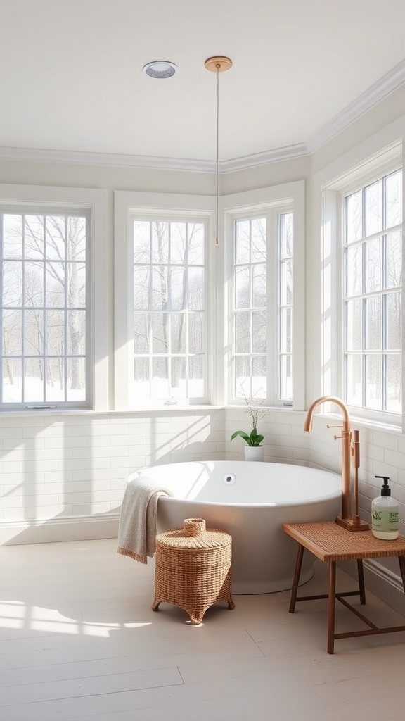 Bright modern farmhouse bathroom with large windows and a soaking tub