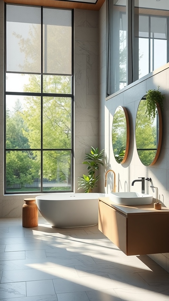 A modern bathroom featuring large windows, a freestanding bathtub, and plants, showcasing natural light.