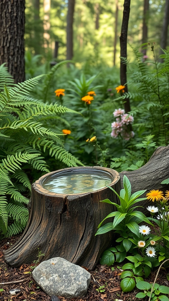 A natural log bird bath surrounded by ferns and flowers in a lush garden.