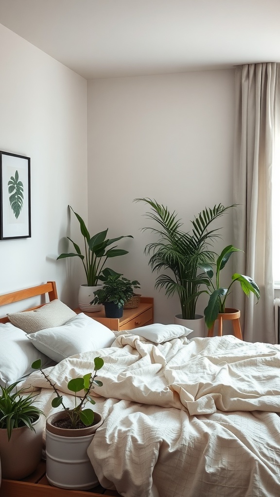 Minimal bedroom with natural materials and plants