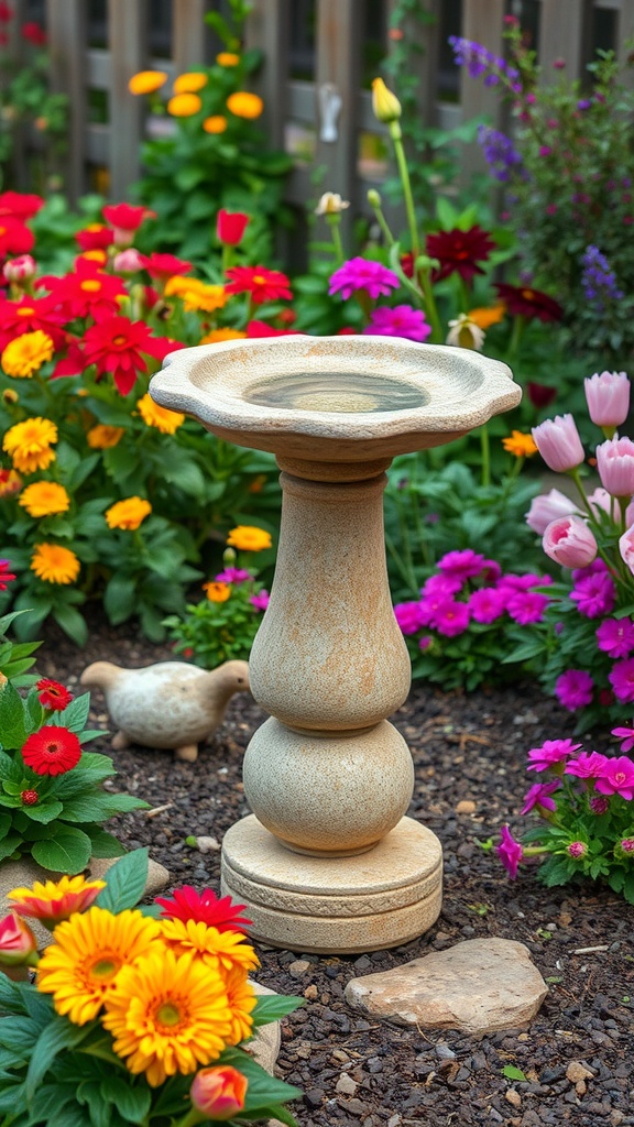 Natural stone bird bath surrounded by colorful flowers in a garden