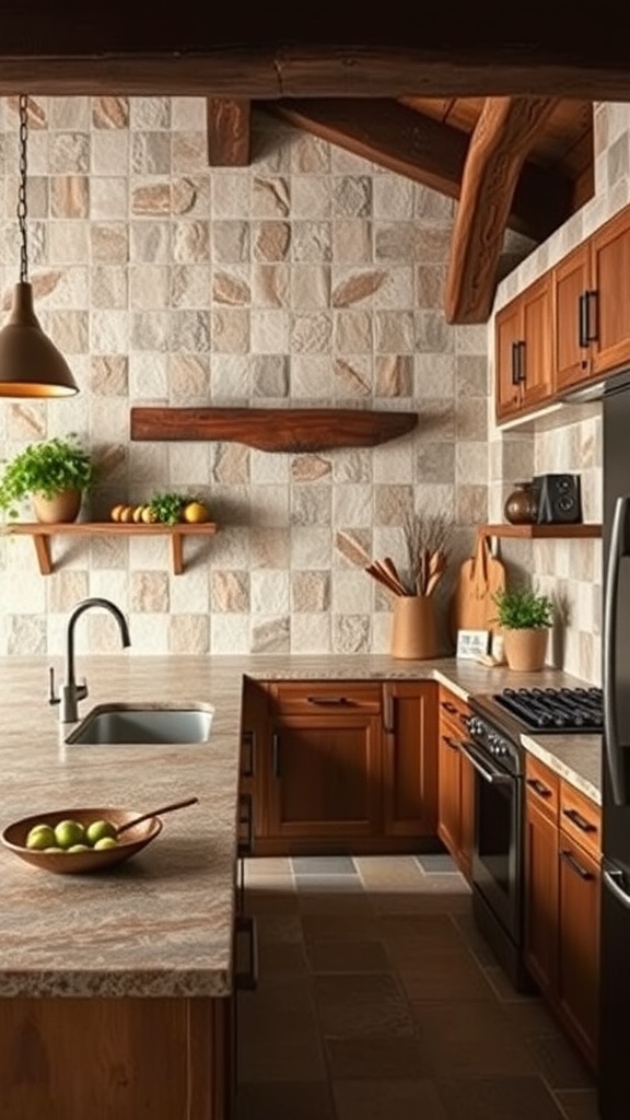 A rustic farmhouse kitchen featuring natural stone countertops, wooden cabinets, and a warm inviting atmosphere.
