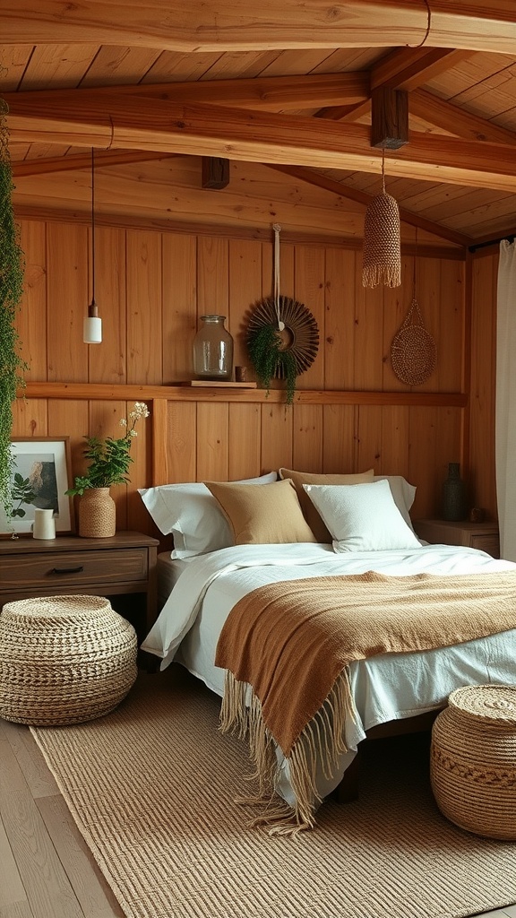 A minimal boho bedroom with wooden walls, soft bedding, woven decor, and plants.