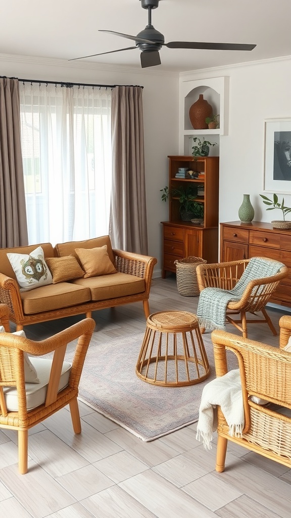 A cozy living room featuring rattan furniture, earthy tones, and natural decor elements.
