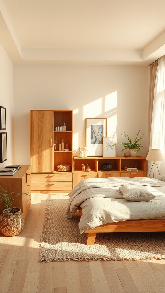 A beige aesthetic bedroom with natural wood accents, featuring a wooden bed, dresser, and shelves, complemented by soft textiles and plants.
