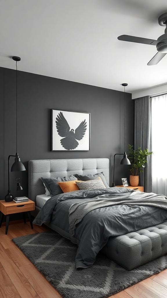 A stylish grey and black bedroom featuring a wooden nightstand, grey bedding, and a plant.