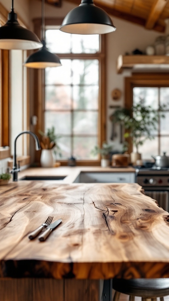 A cozy cabin kitchen with natural wood countertops featuring a live edge, showcasing a warm and inviting design.