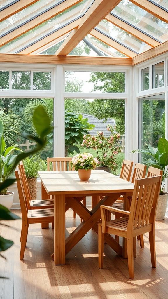 A natural wood dining set in a bright sunroom with large windows and greenery.