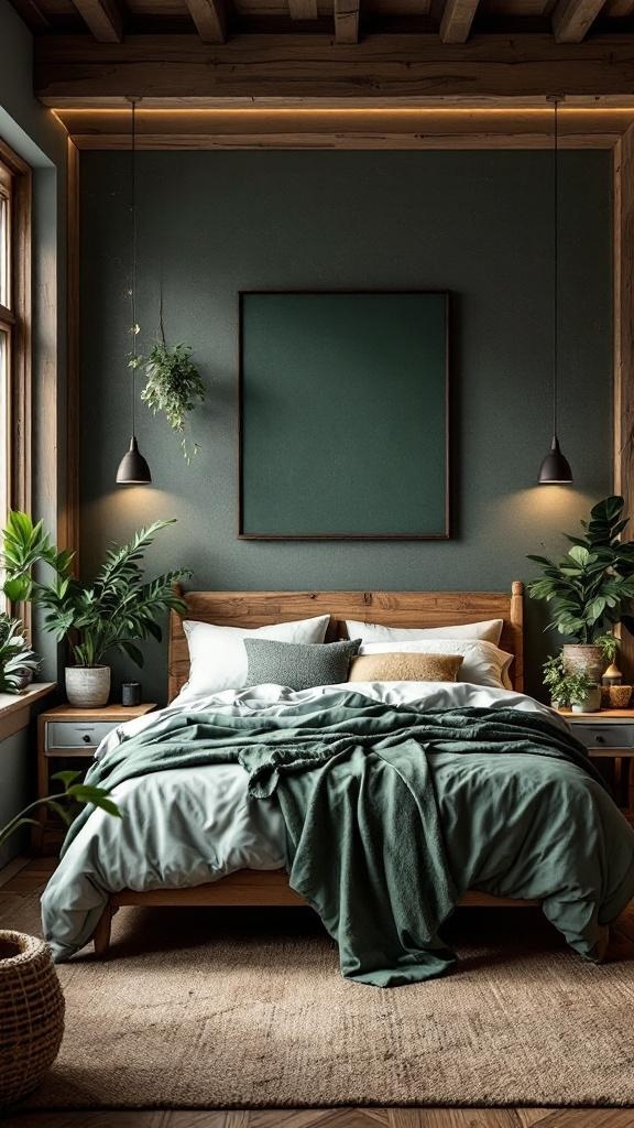 A cozy green and black bedroom featuring a wooden bed frame, plants, and natural wood accents.