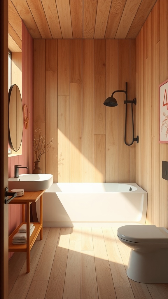 A cozy bathroom featuring pink walls and natural wood elements.