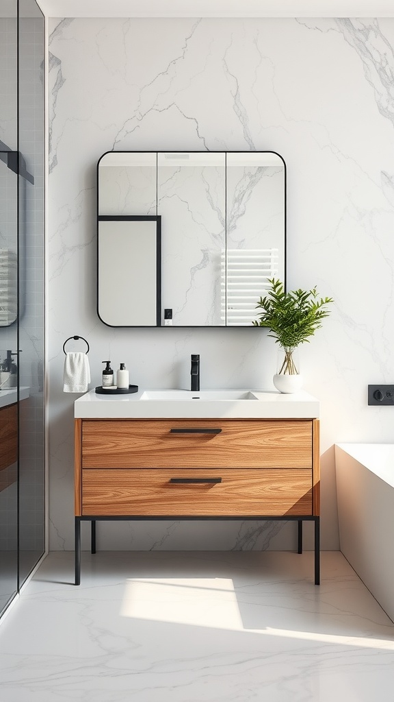 Modern bathroom vanity with natural wood finishes and white countertop