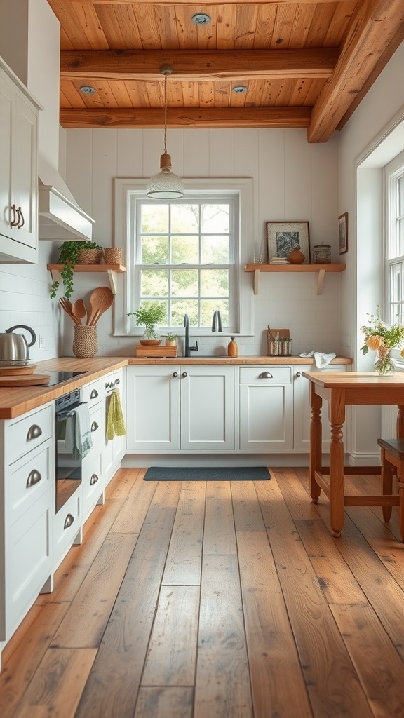 A cozy kitchen with natural wood flooring, white cabinets, and warm wooden beams.