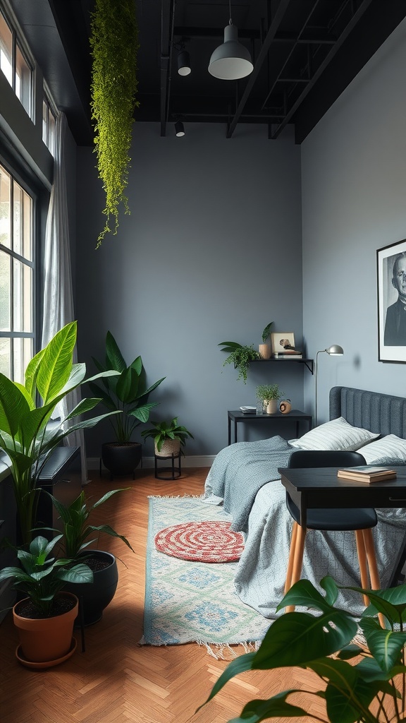 A cozy bedroom featuring black walls, green plants, and a warm wooden floor.