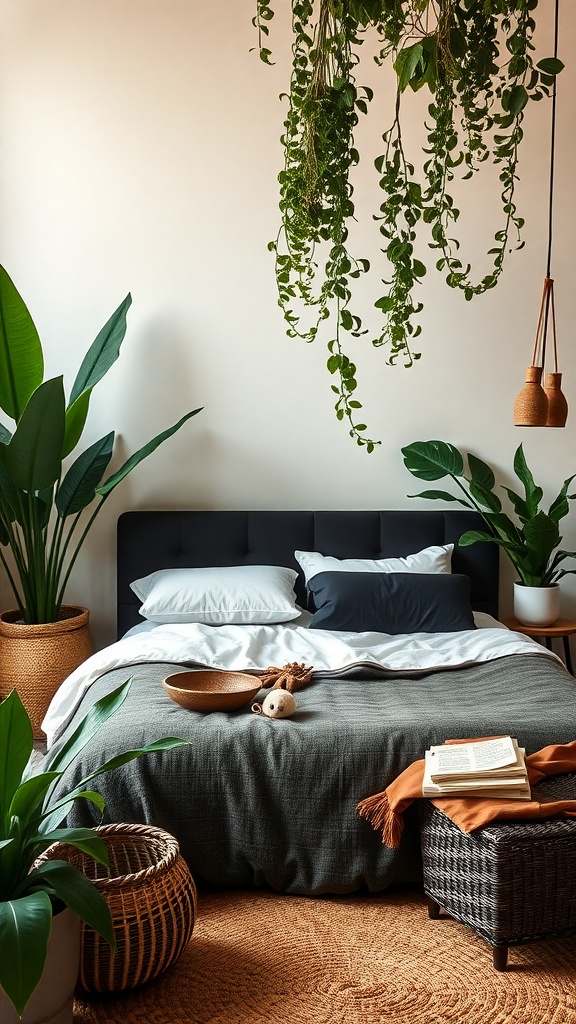 A stylish bedroom featuring a black bed with green plants and natural decor elements.