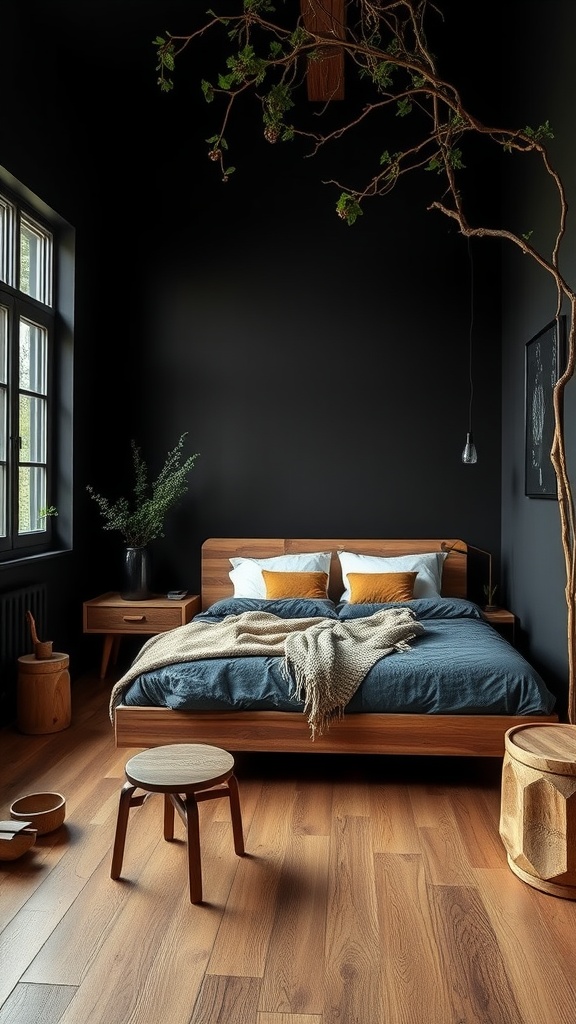 A cozy black bedroom featuring a wooden bed, tree branch decor, and natural elements.