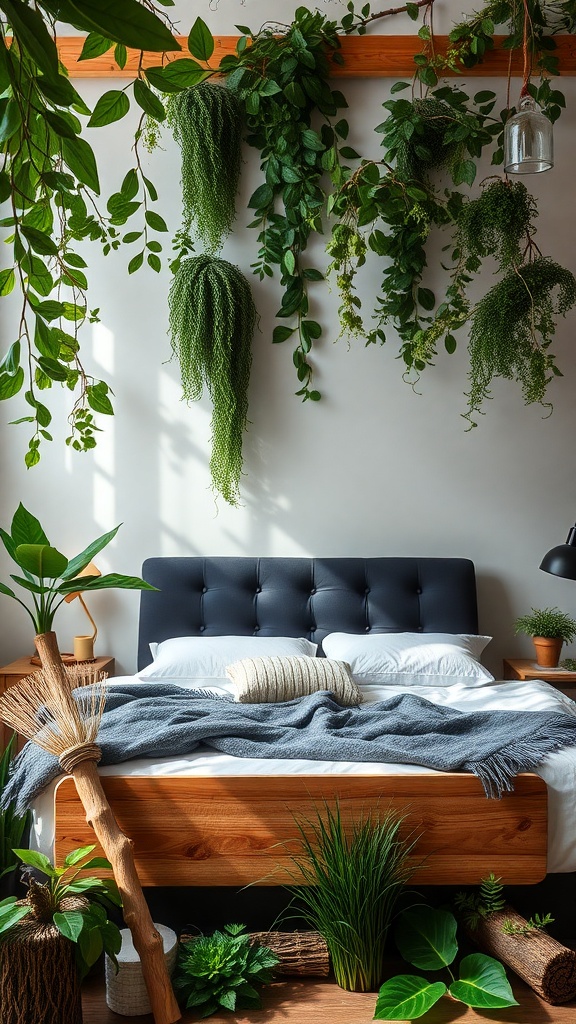 A cozy bedroom featuring a black headboard, surrounded by various green plants and natural decor.
