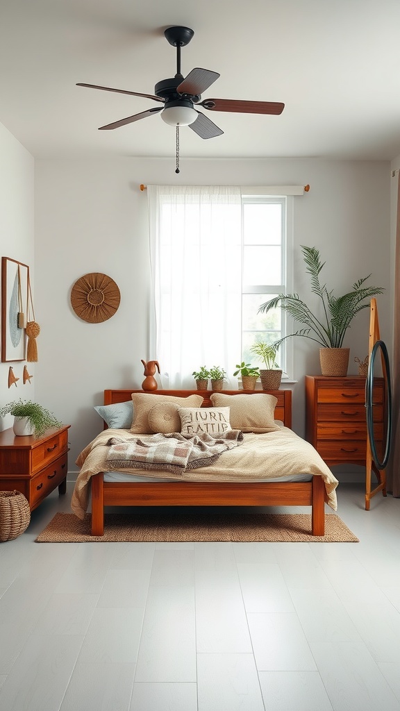 A nature-inspired boy's bedroom featuring warm wood furniture, soft textiles, and plants.