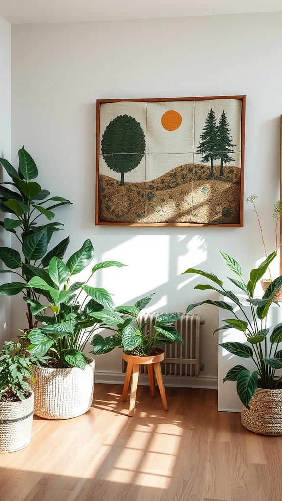 A bright room with green plants and a nature-themed wall art, creating a cozy atmosphere.