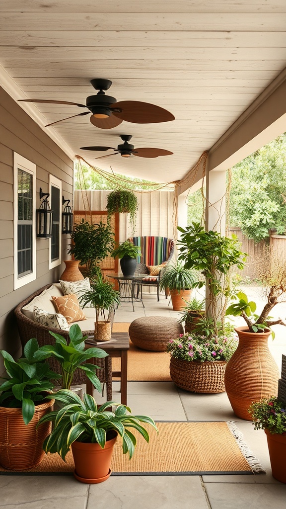 A covered back patio adorned with potted plants and comfortable seating.