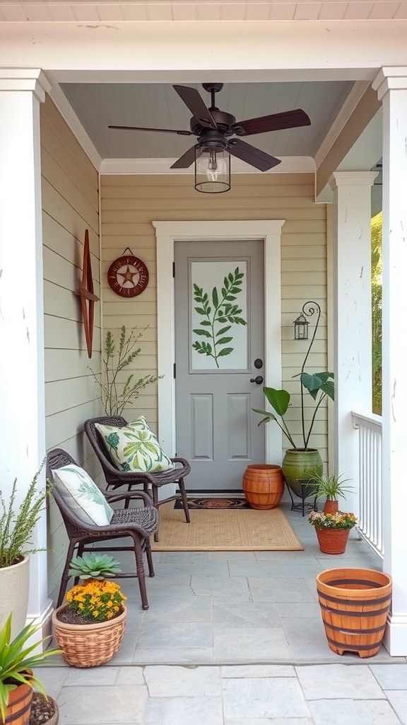 A nature-inspired porch with plants, wicker chairs, and a decorative door.
