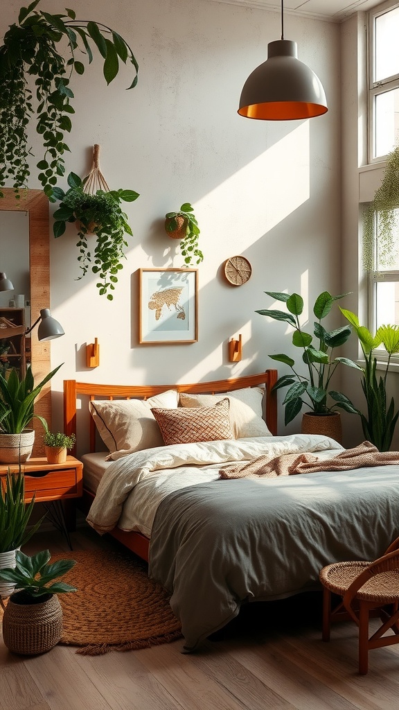 A cozy bedroom with wooden furniture, soft bedding, and various indoor plants.