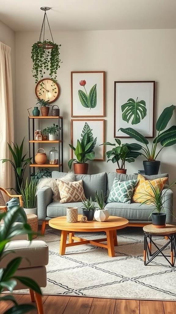 Cozy living room with nature-inspired decor, featuring plants, botanical prints, and wooden furniture.