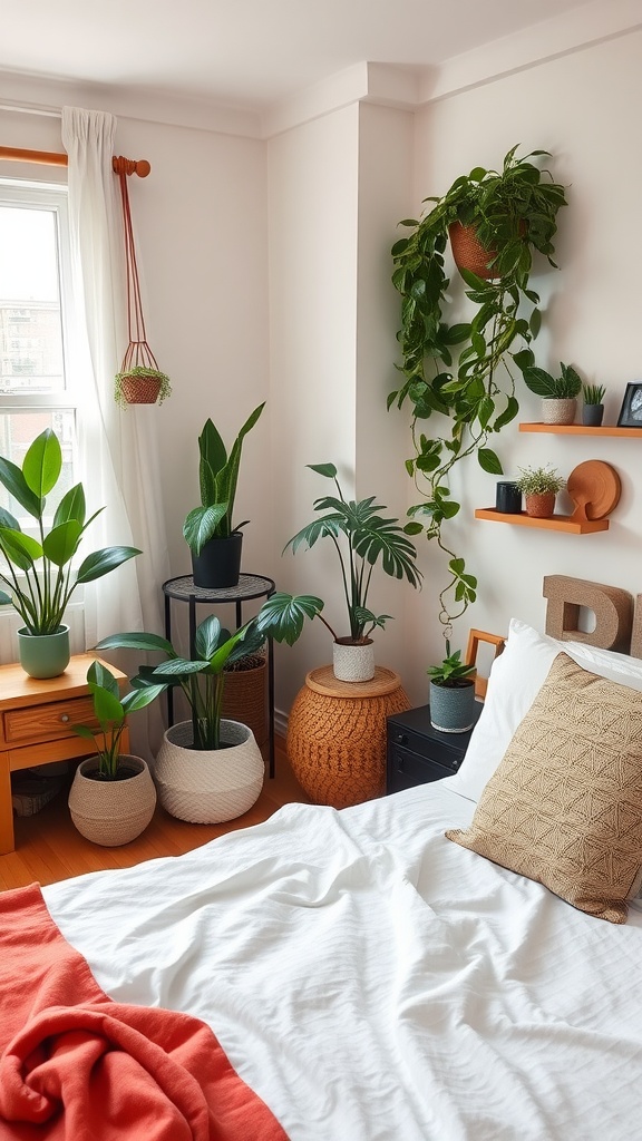 A cozy bedroom featuring various indoor plants, white bedding, and warm wooden furniture.