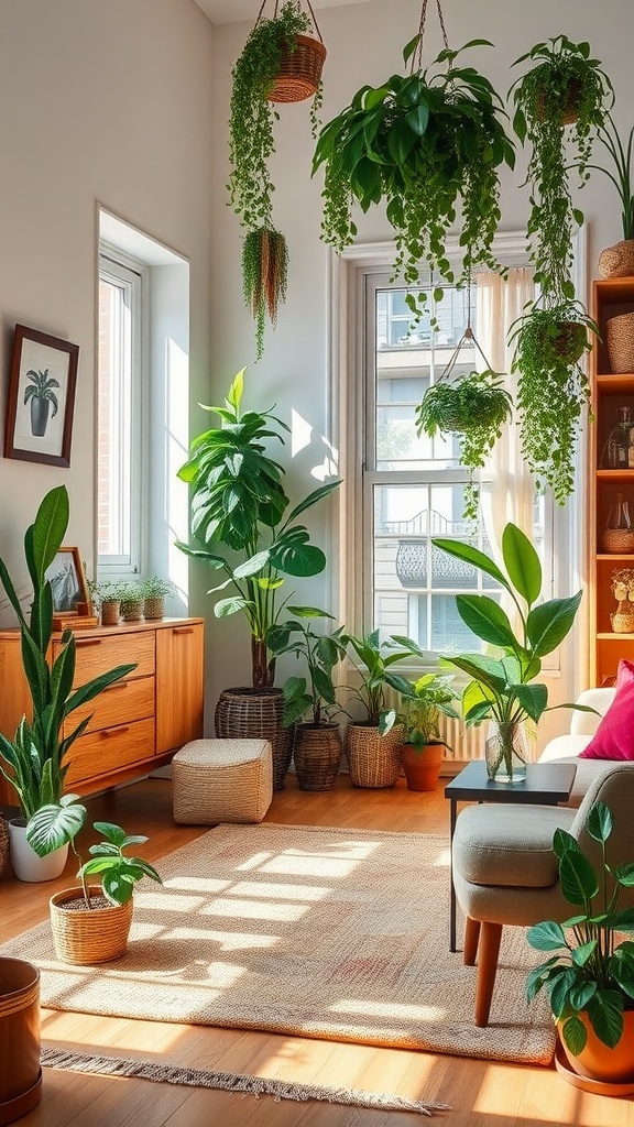 A bright apartment filled with various indoor plants, including hanging plants and potted greens, creating a lively and inviting atmosphere.
