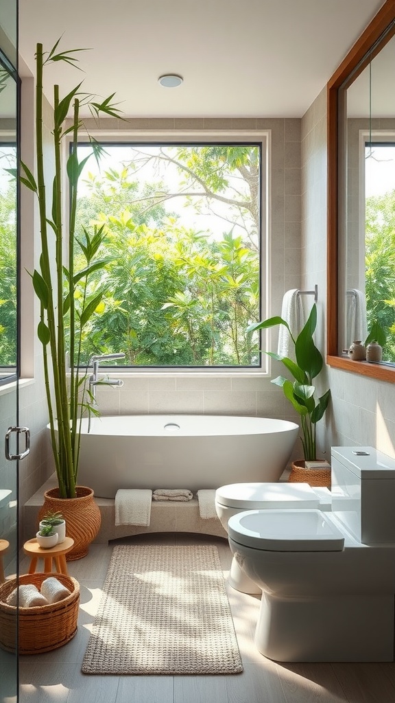 A modern bathroom with large windows showcasing greenery outside, featuring bamboo plants and natural decor.