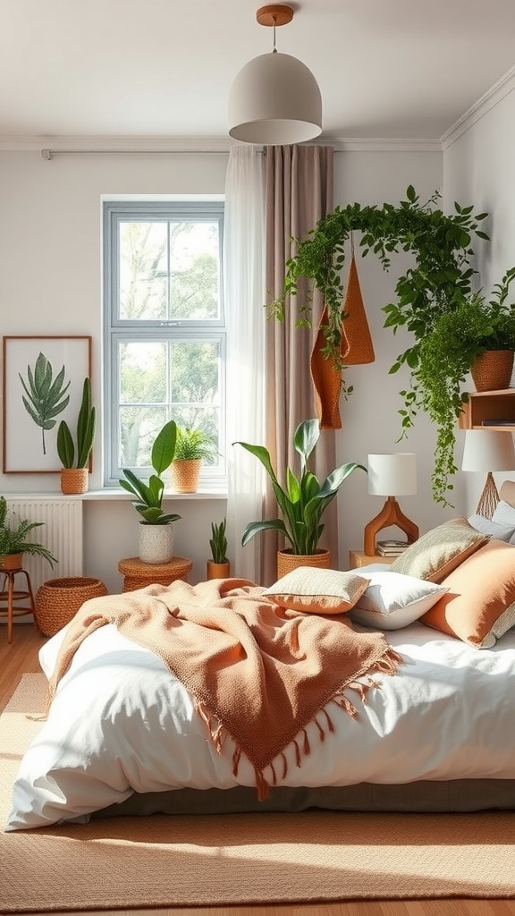 A cozy bedroom with plants, warm tones, and natural light.