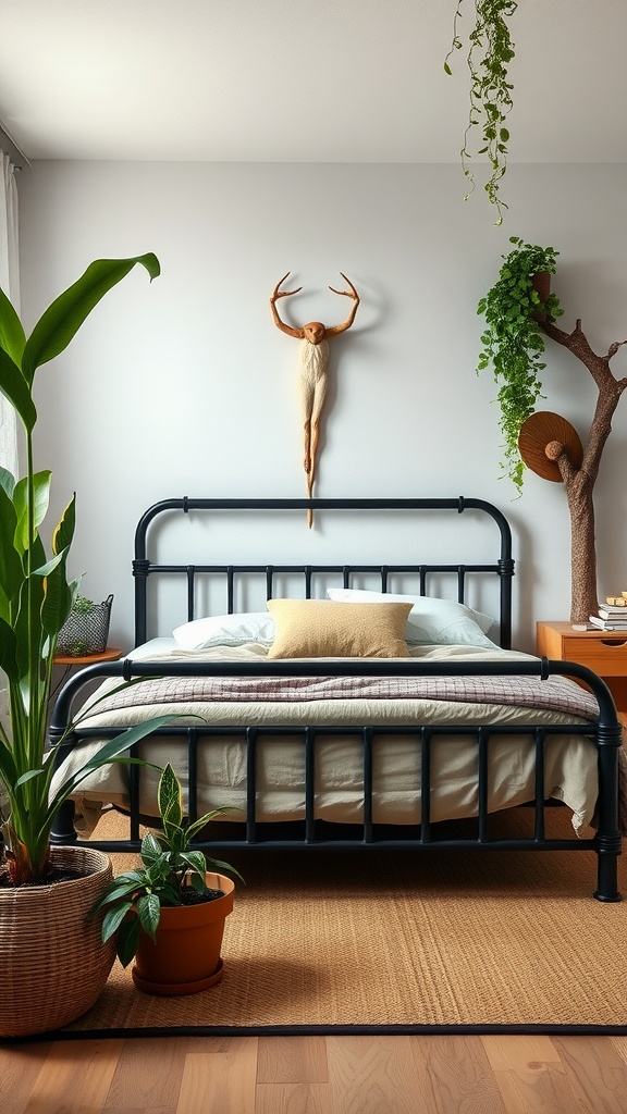A cozy bedroom featuring a black bedframe, plants, and natural textures.