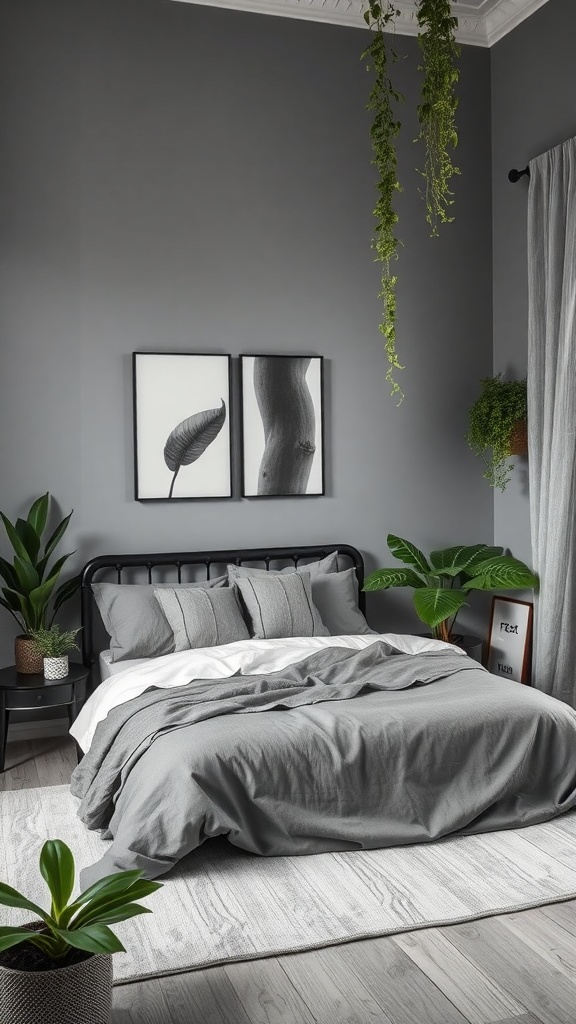 A gray and black bedroom featuring plants, textured bedding, and nature-inspired artwork.