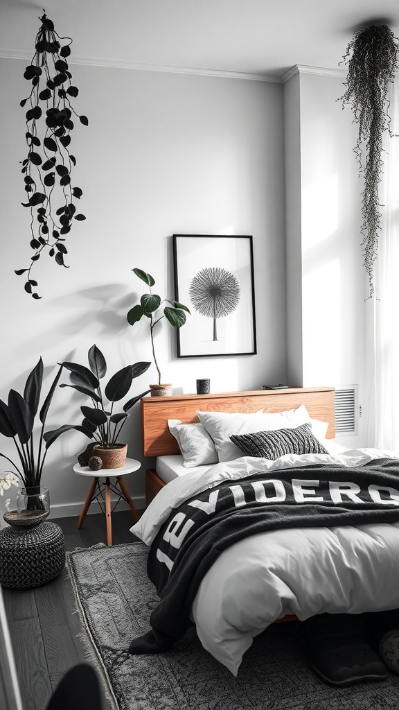 A stylish black and white bedroom featuring plants, a wooden bed frame, and monochrome decor.