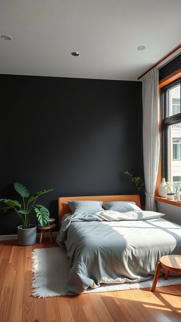 Cozy bedroom featuring a black wall, wooden bed frame, and a potted plant.
