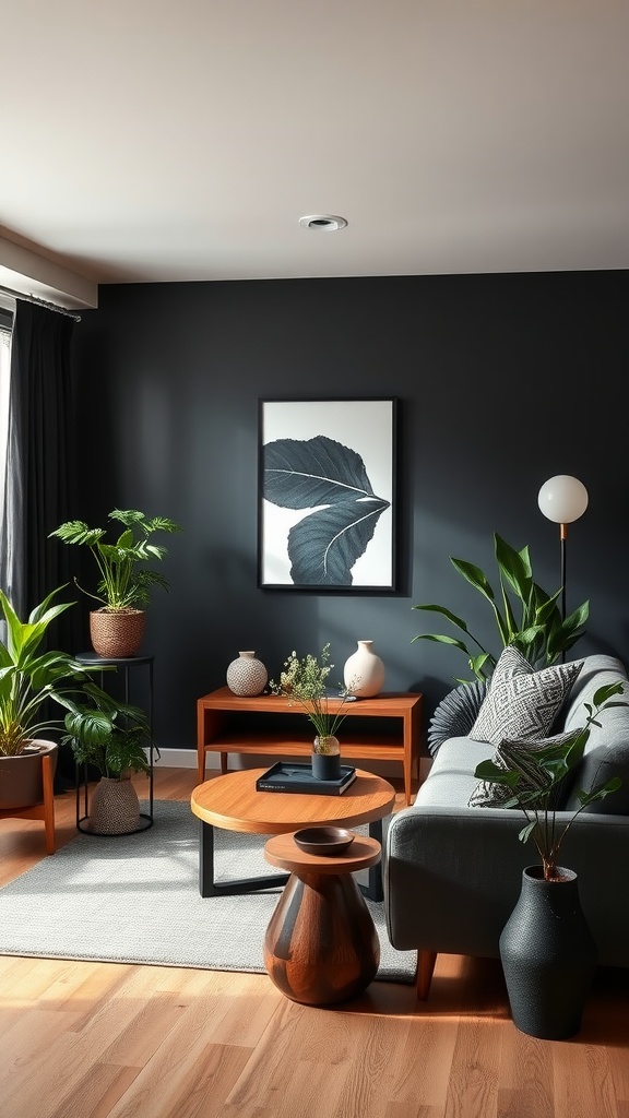 A stylish black living room with plants and wooden furniture.