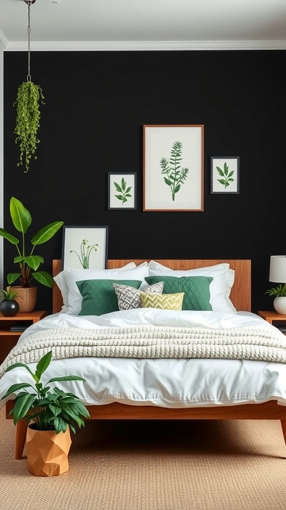 A stylish black and green bedroom featuring a wooden bed, white linens, and various plants.