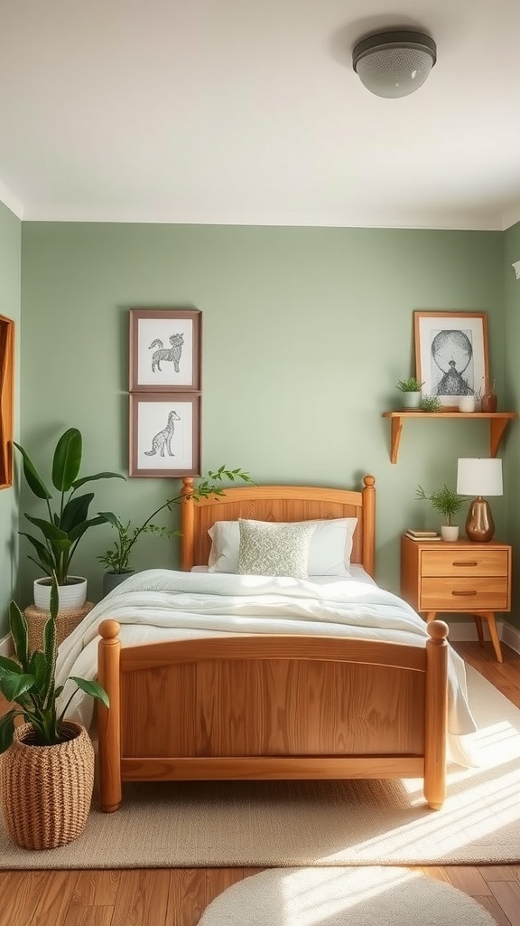A girl's bedroom featuring soft green walls, wooden furniture, and plants, creating a nature-inspired atmosphere.